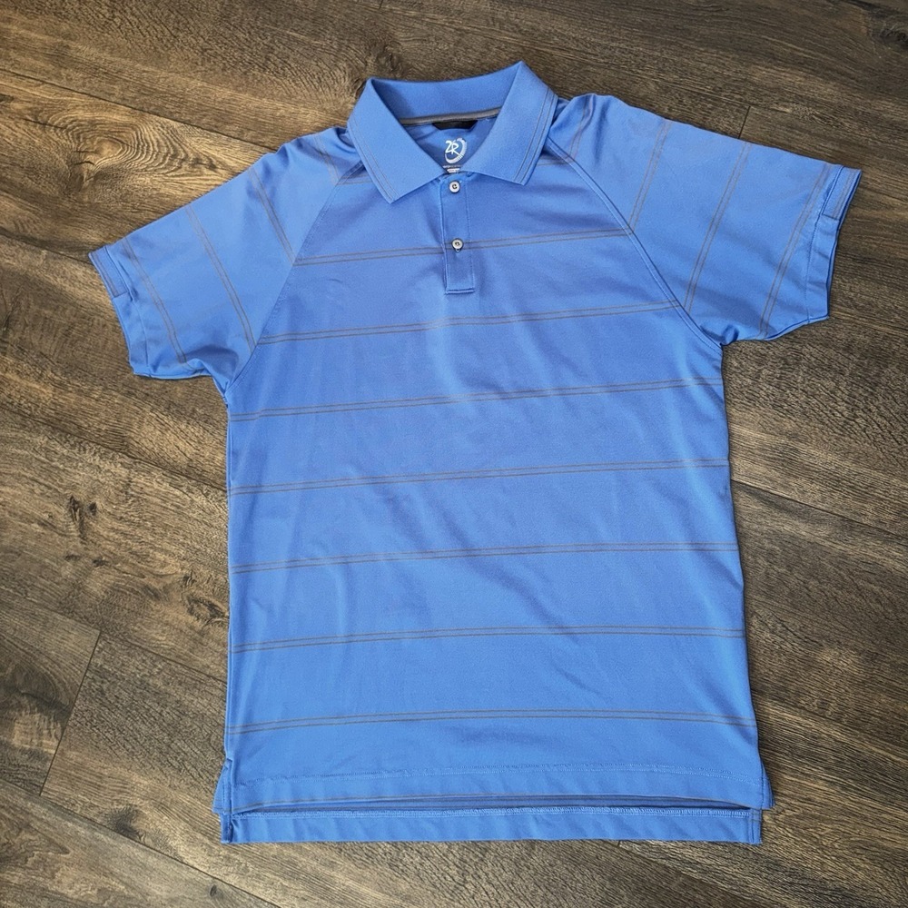 Zero Restrictions Mens M Polo Shirt Stretch Blue Strips Short Sleeve Performance